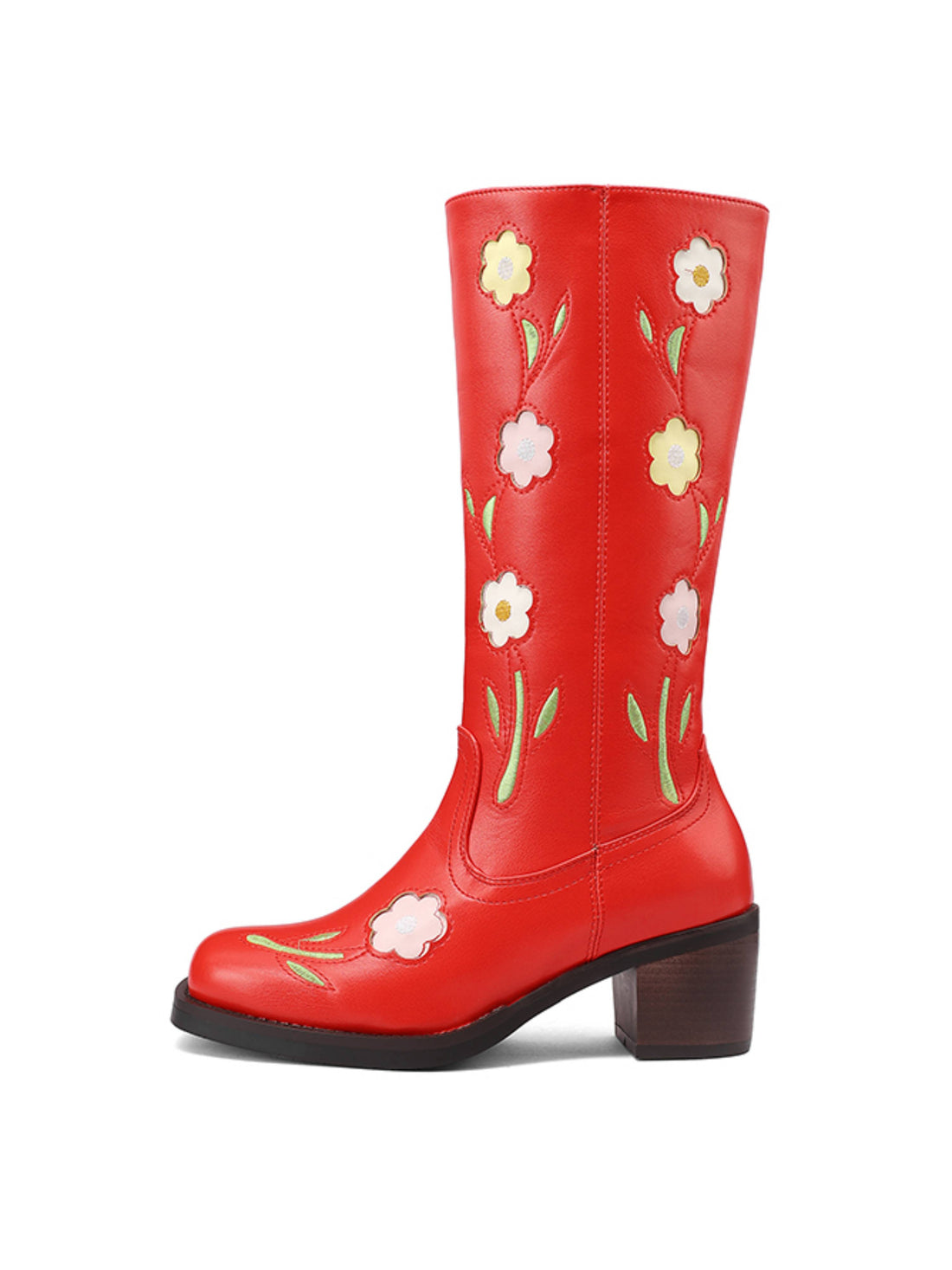 Red Snip Toe Western Boots with Embroidered Colorful Floral