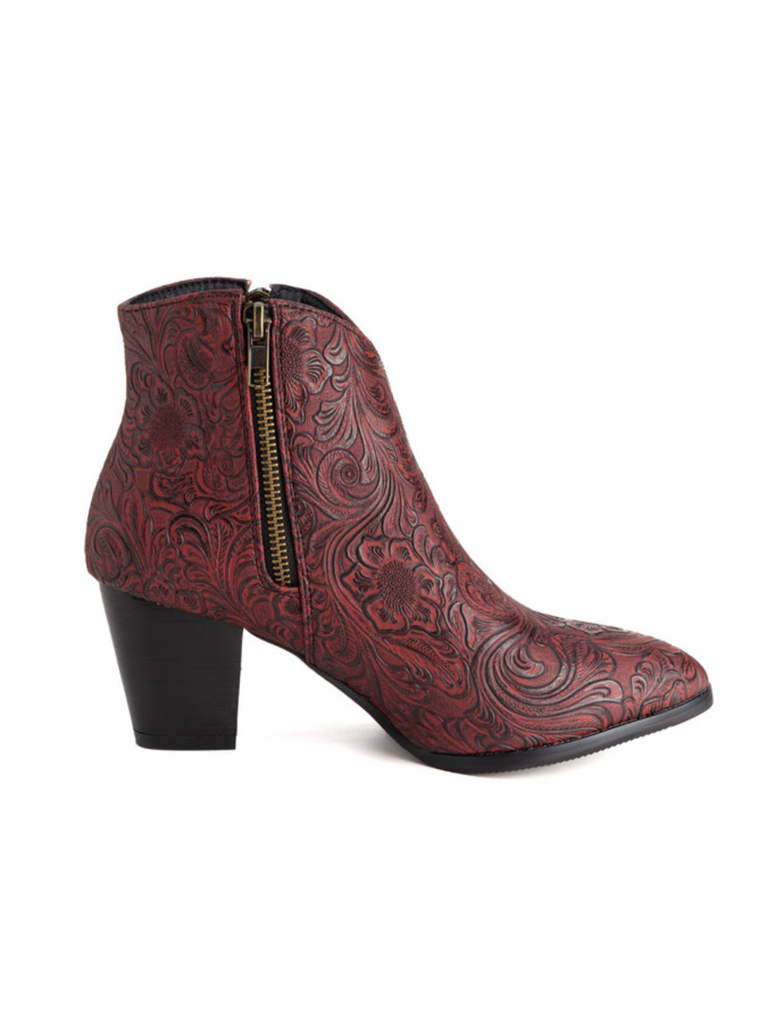 Retro Black Floral Embossed Double Zipper Red Cowgirl Ankle Boots