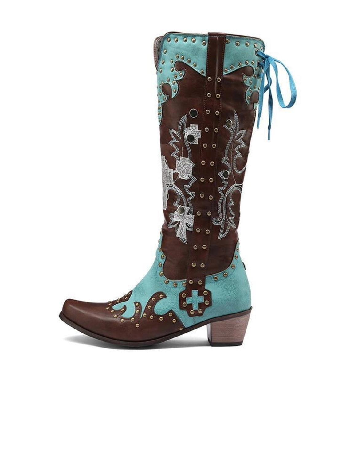 Retro Blue & Brown Snip Toe Studded Knee-High Cowgirl Boots