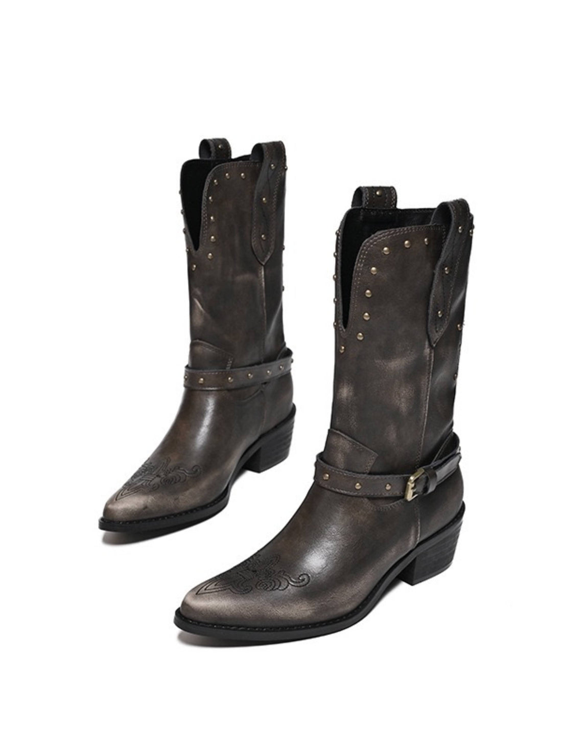 Retro Buckled  Strap Studded Copper Black Cowgirl Boots