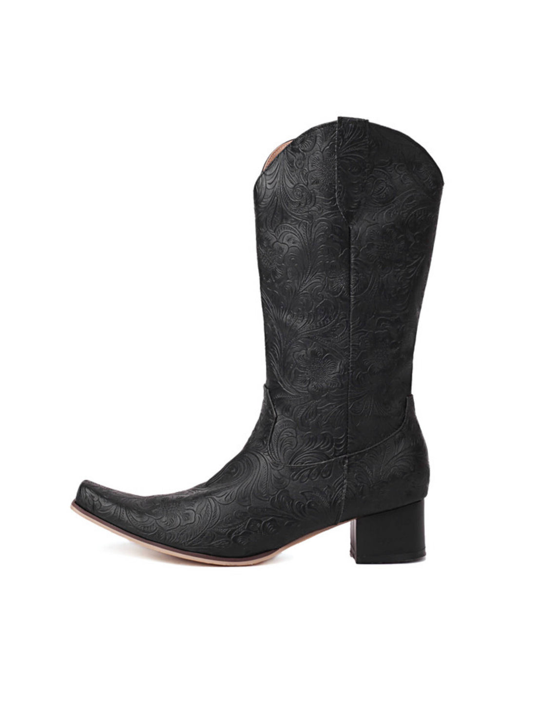 Retro Classic Floral Embossed Snip Toe Black Cowboy Boots