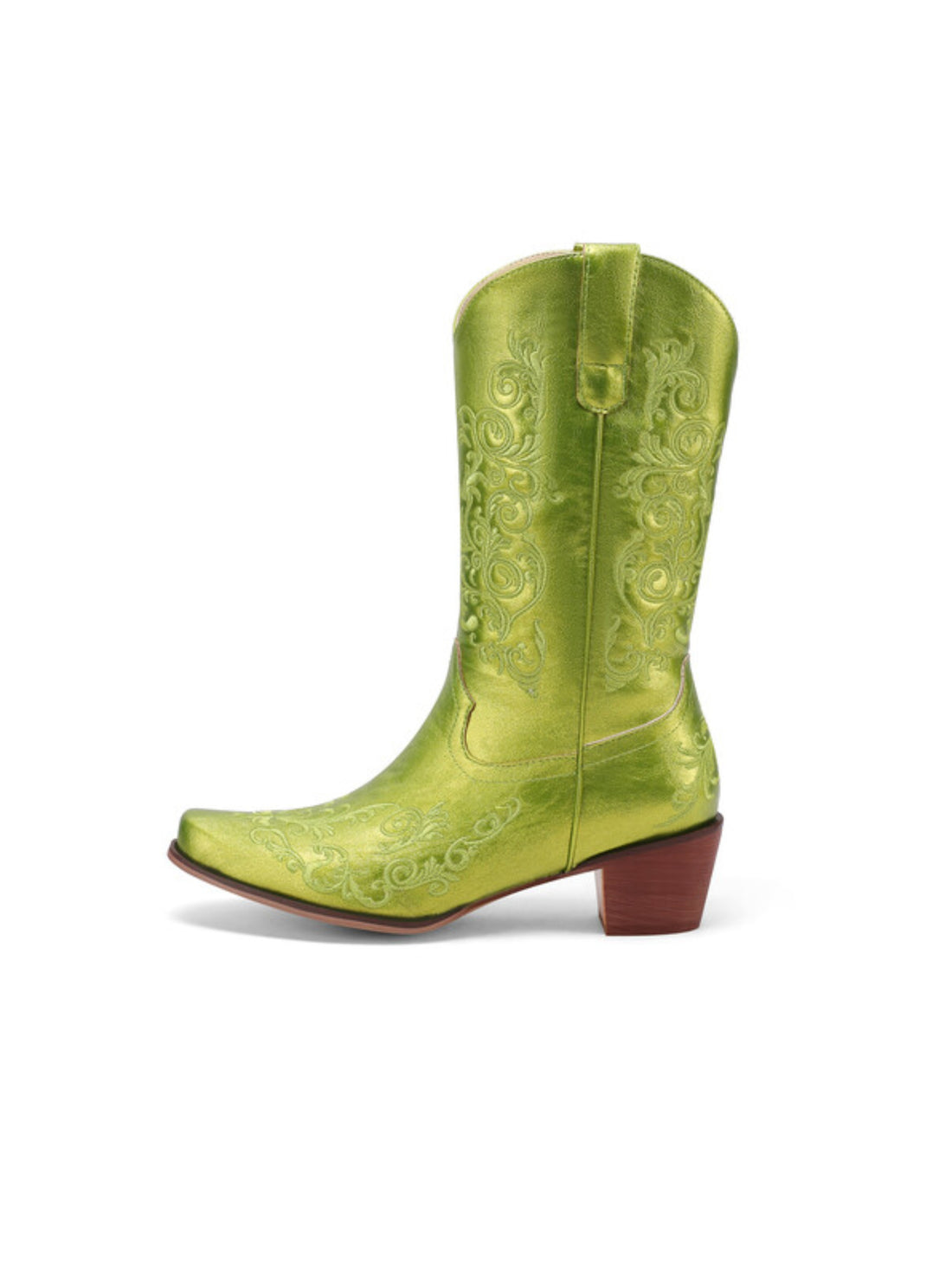 Retro Floral Embroidery Metallic Green Snip Toe Cowgirl Boots