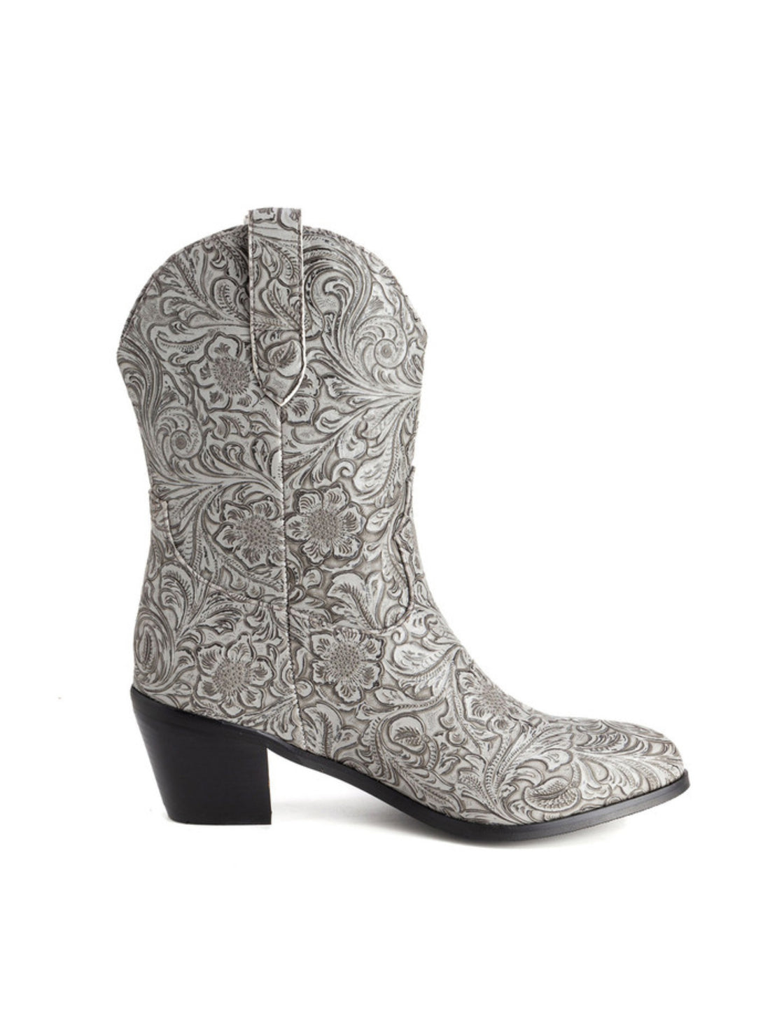 Retro Plus Size Floral Mid Calf Grey Cowboy Boots for Women