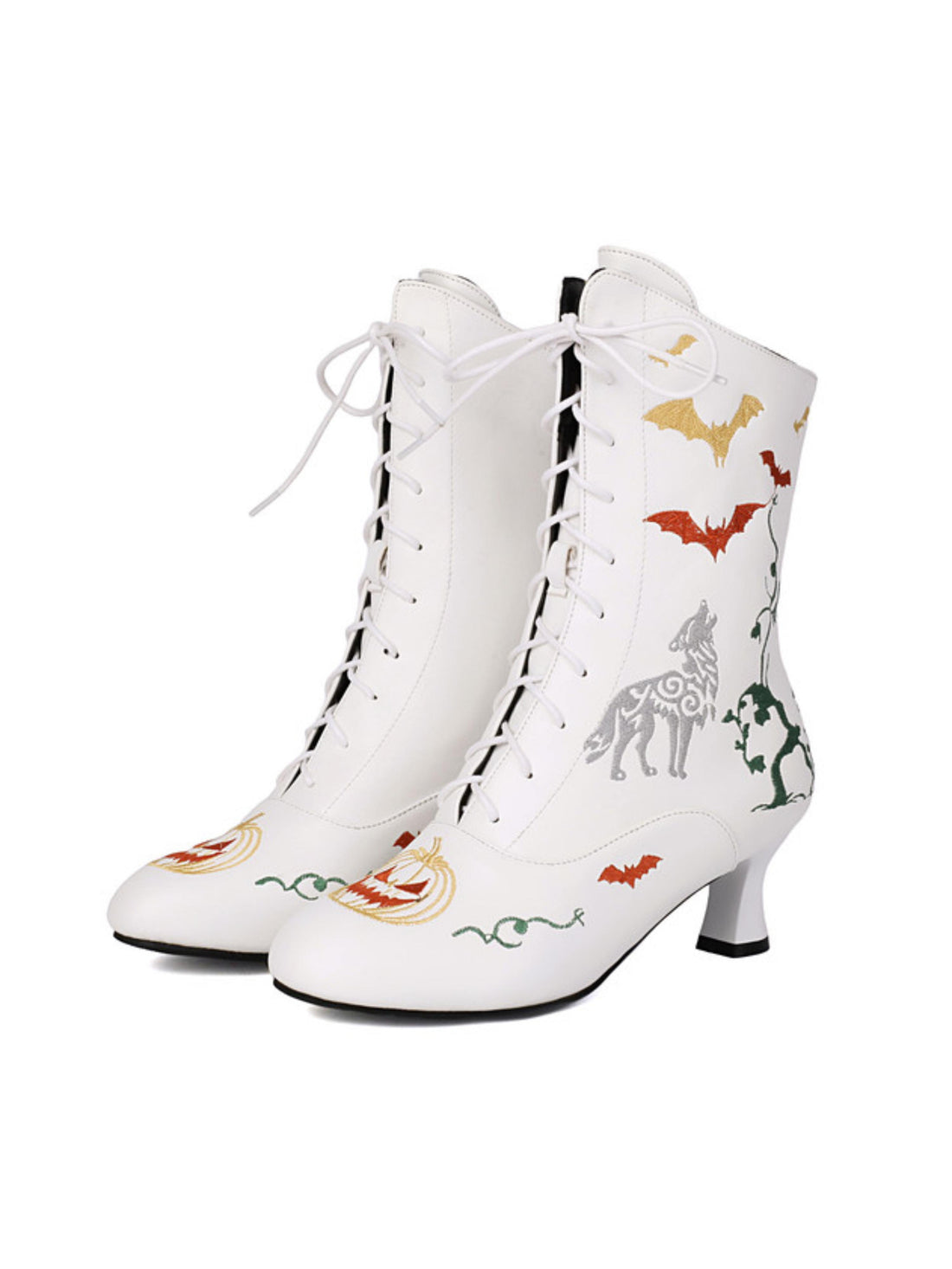 Retro Halloween Animal & Pumpkin Embroidery White Western Boots