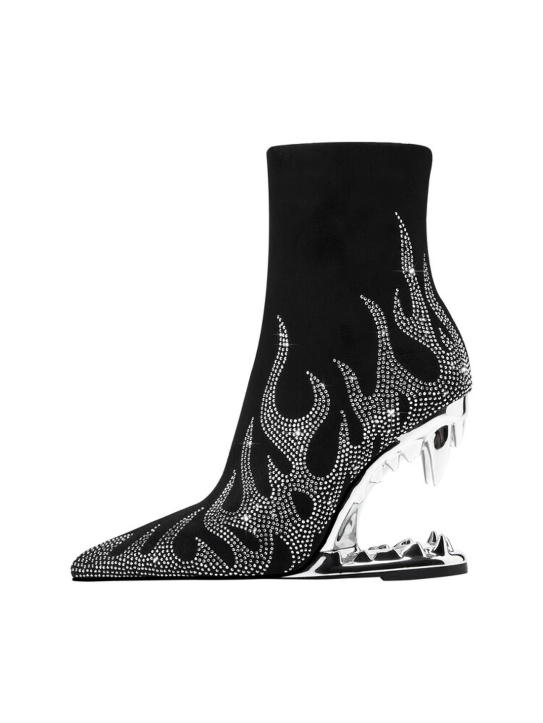 Rhinestone Flame Black and Silver Teeth Heel Pointed Toe Short Boots