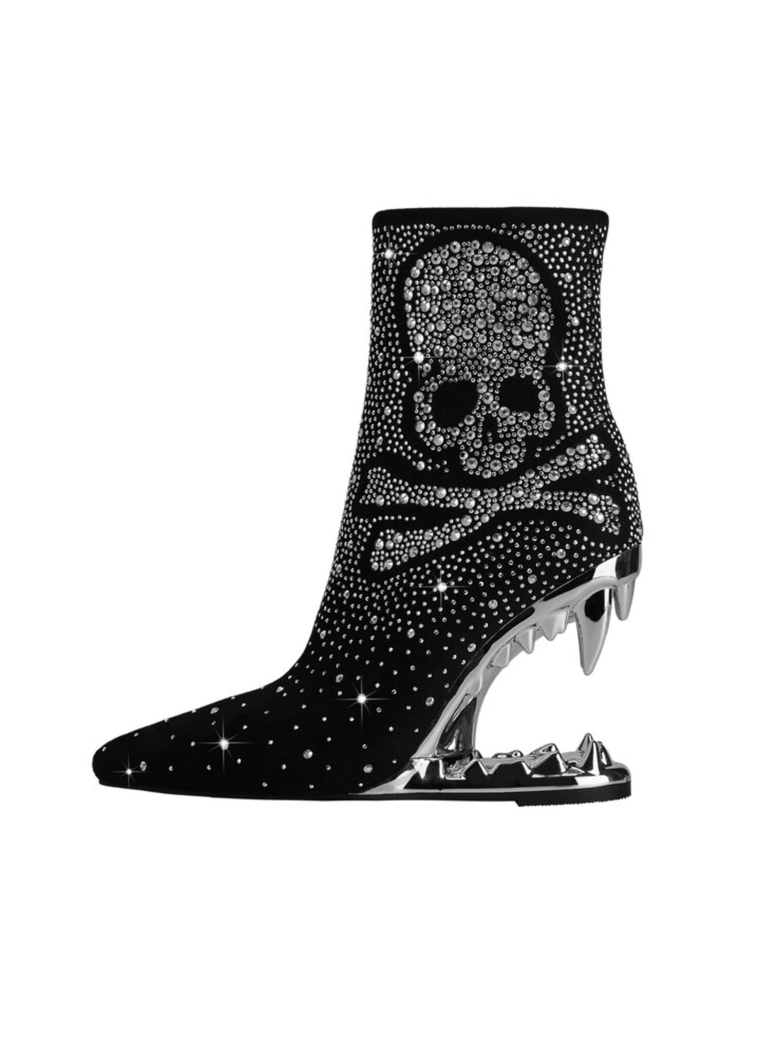 Rhinestone Skull Black and Silver Teeth Heel Western Short Booties