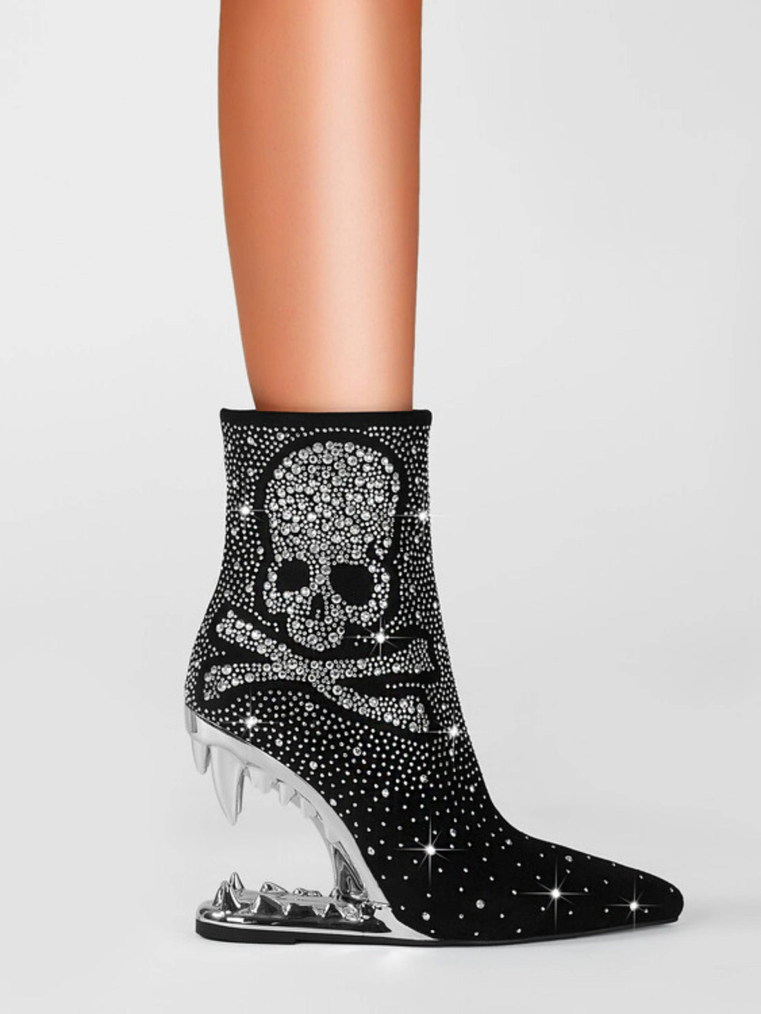 Rhinestone Skeleton Black and Silver Teeth Heel Western Short Boots