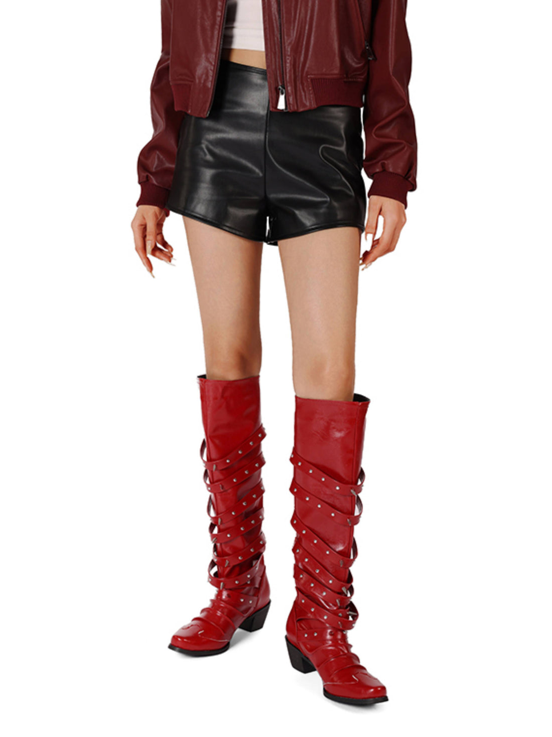 Riveting and Buckled Strappy Knee High Romantic Red Cowgirl Boots