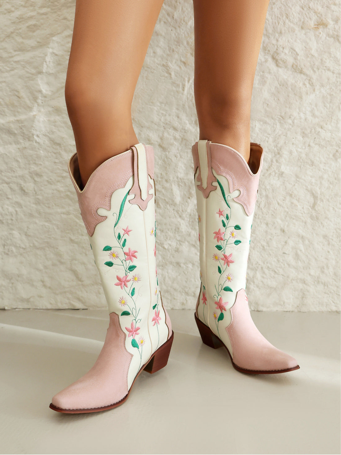 Romantic Floral Pink Knee High Cowgirl Boots