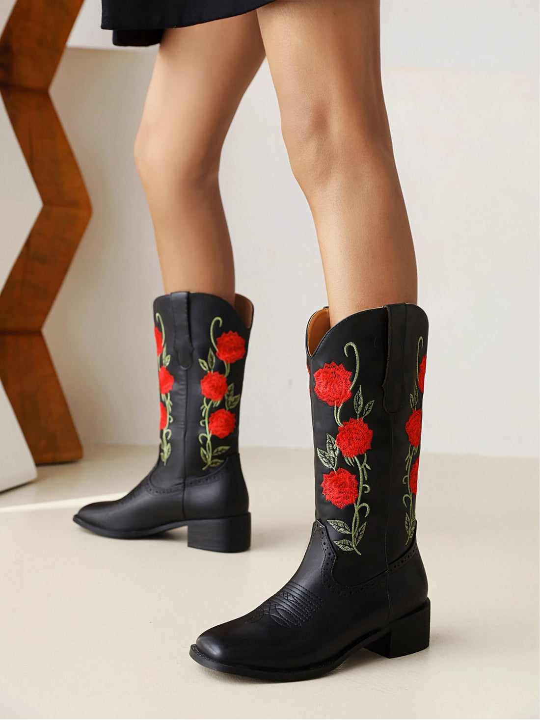 Romantic Rose Vine Square Toe Cowgirl Boots