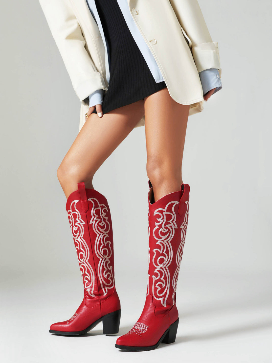 Romantic Scroll Knee-High Red Cowgirl Boots