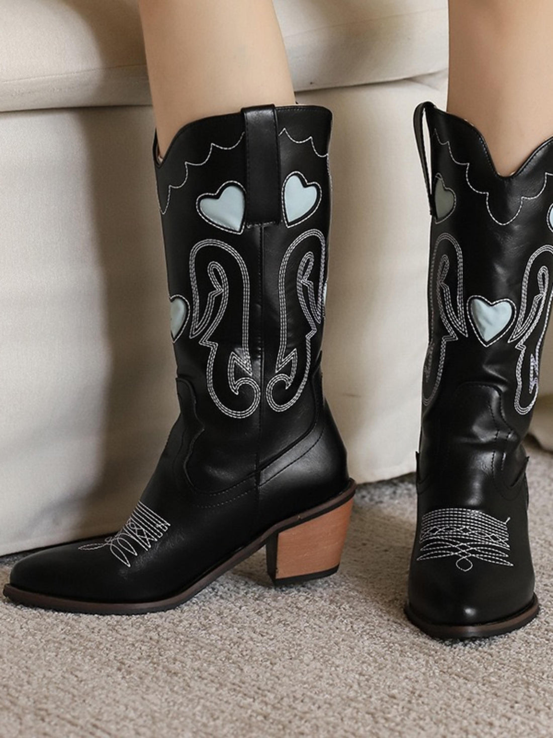 Romantic Heart Inlay Black Snip Toe Cowgirl Boots