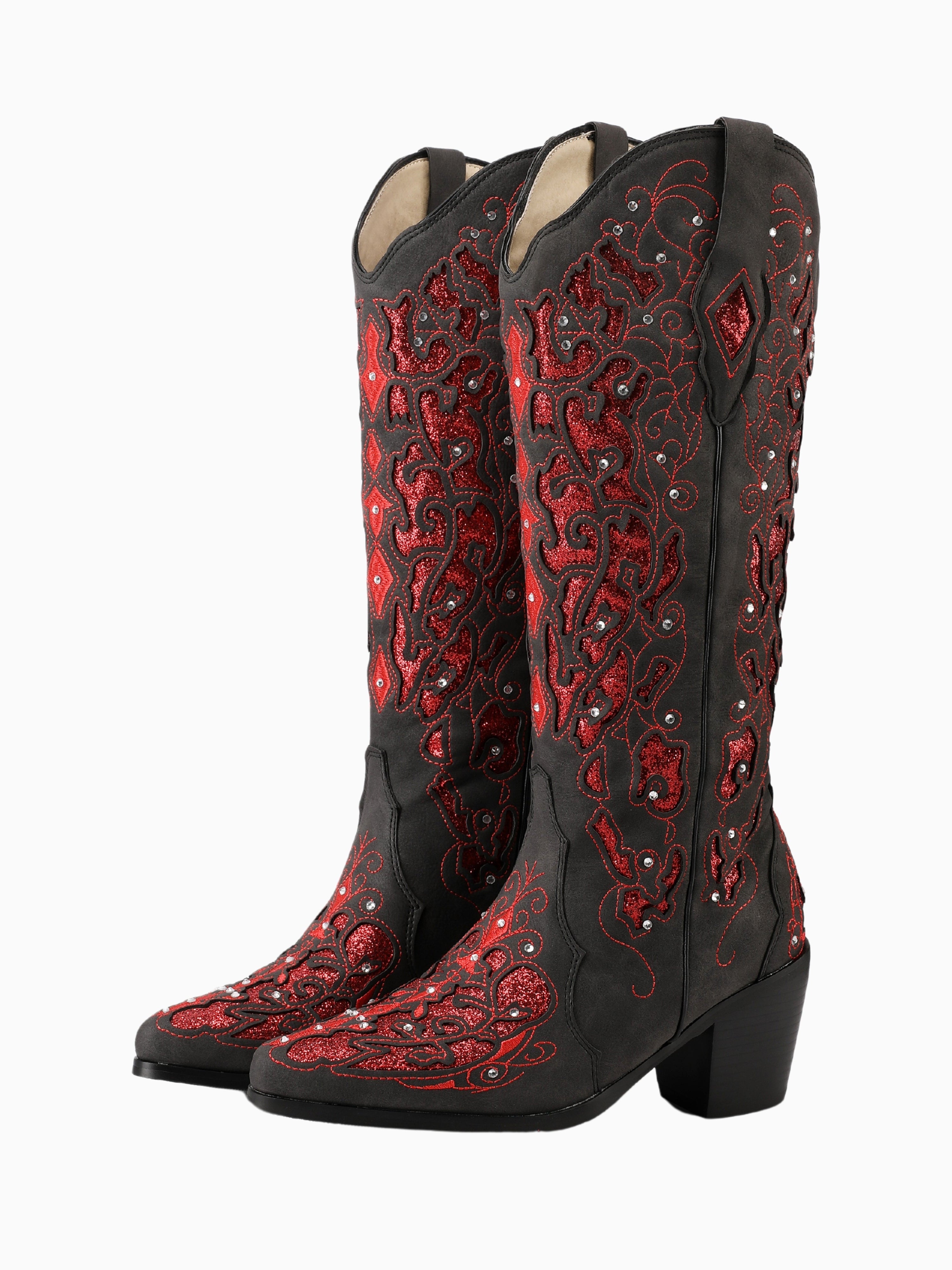 Ruby Glitter Studded Red & Black Cowgirl Boots Mid Calf – Wild Jolie
