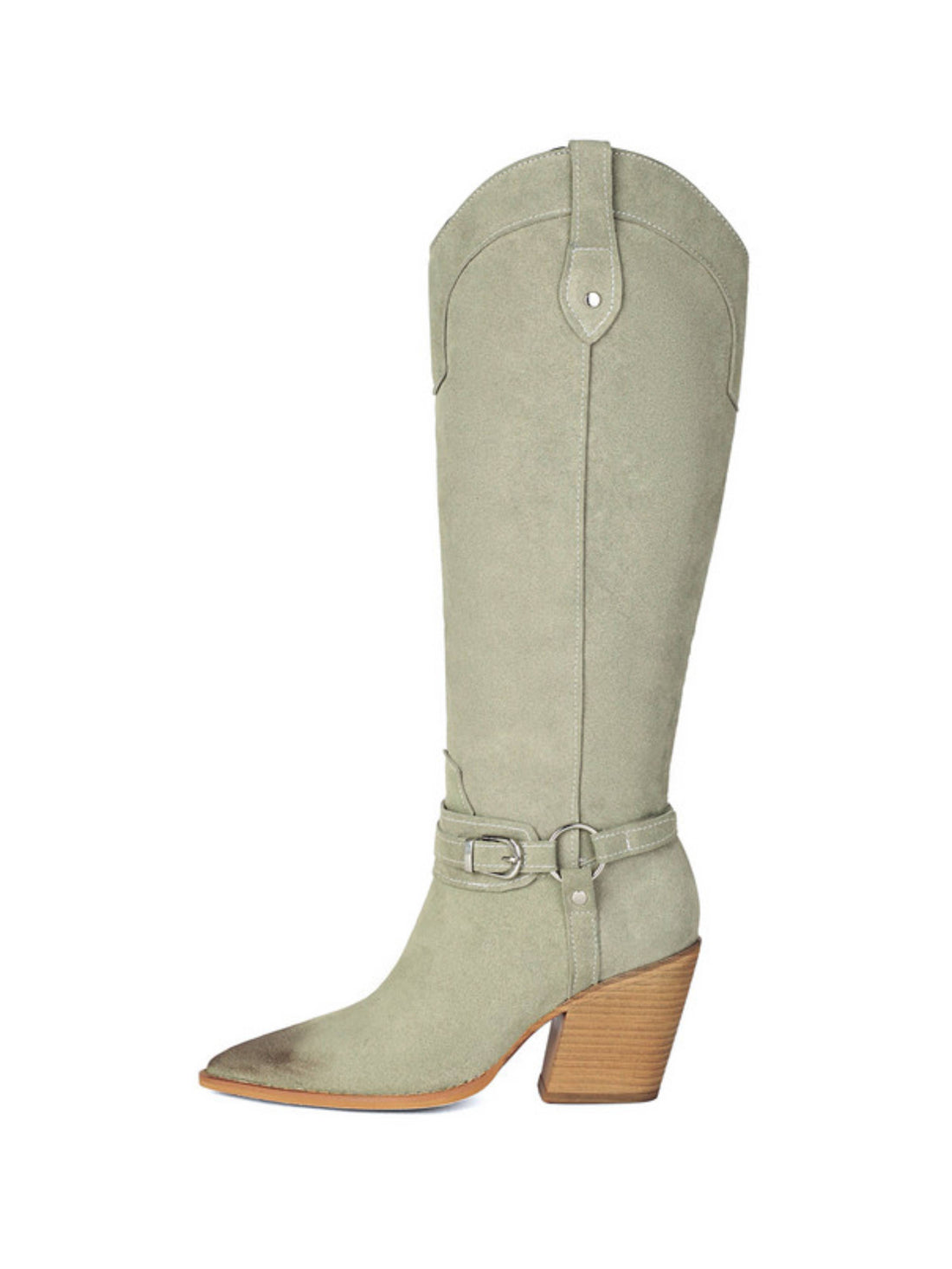 Sage Green Distressed Knee High Cowgirl Boots with Buckle Strap