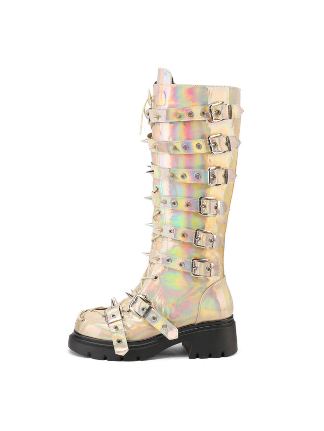 Shining Gold Buckled Belt Long Gothic Boots with Rivets