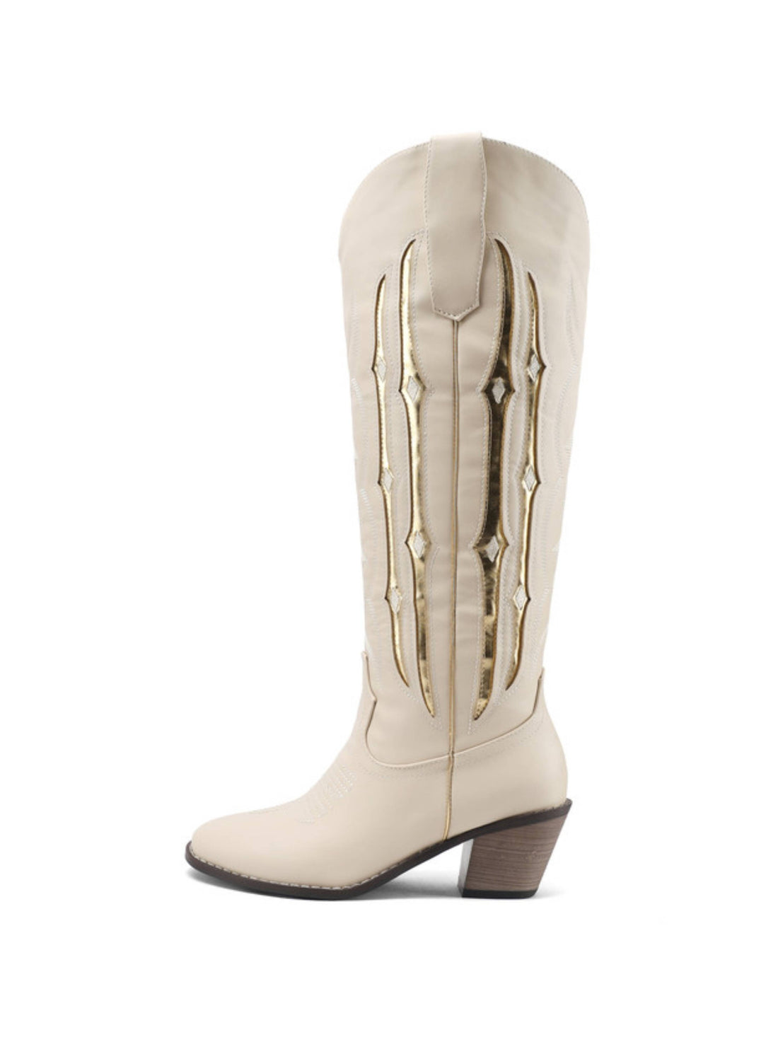 Shining Gold Patchwork Square Toe Beige Tall Cowboy Boots for Women