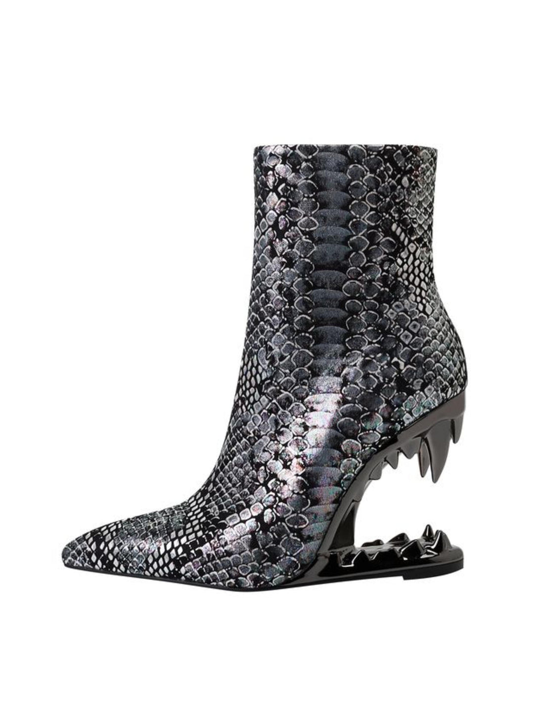Shining Snakeskin Pattern Wedge Teeth Heel Black Western Boots