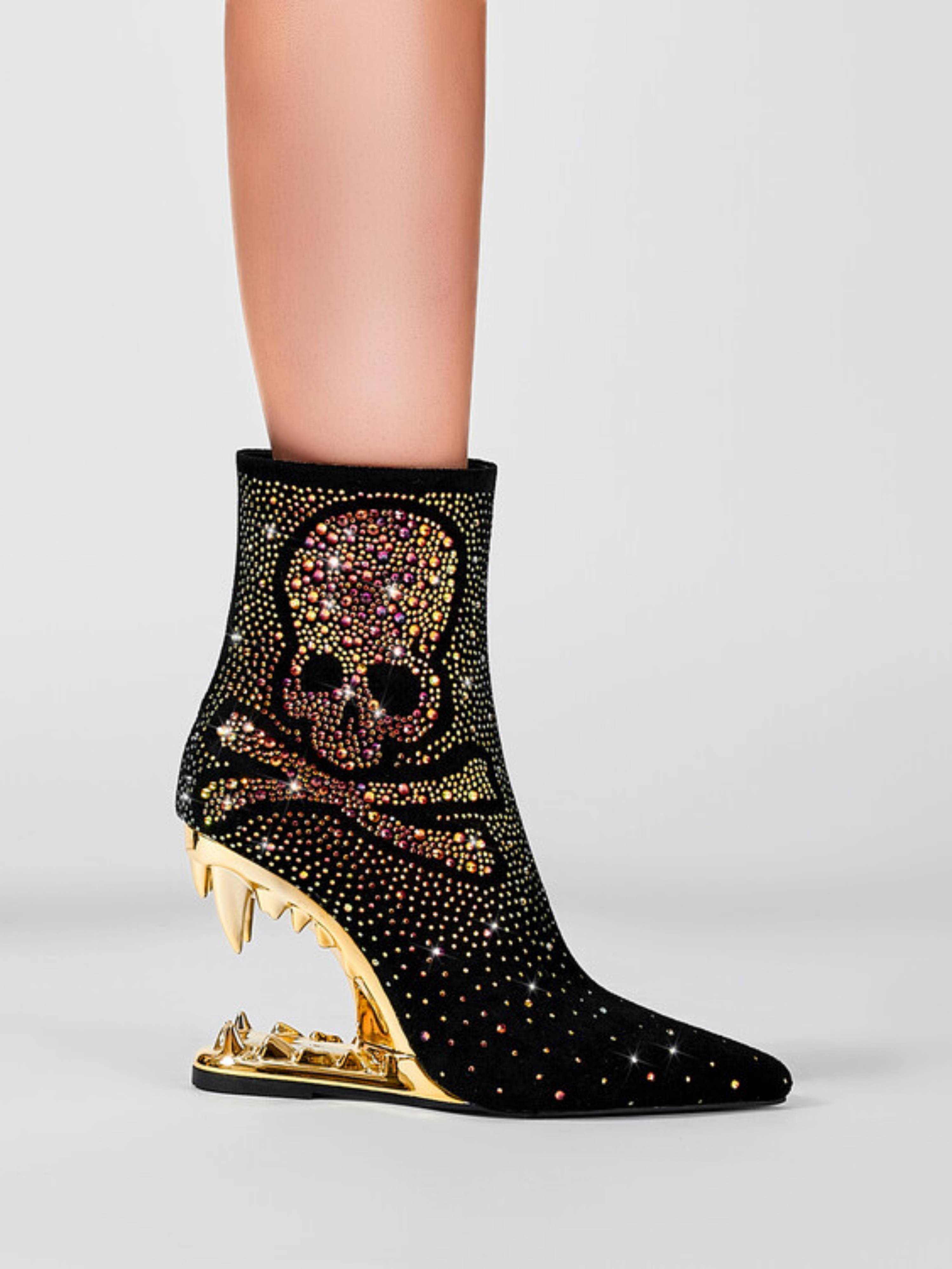Sparkling Rhinestone Skeleton Gold Teeth High Heel Black Cowgirl Boots ...