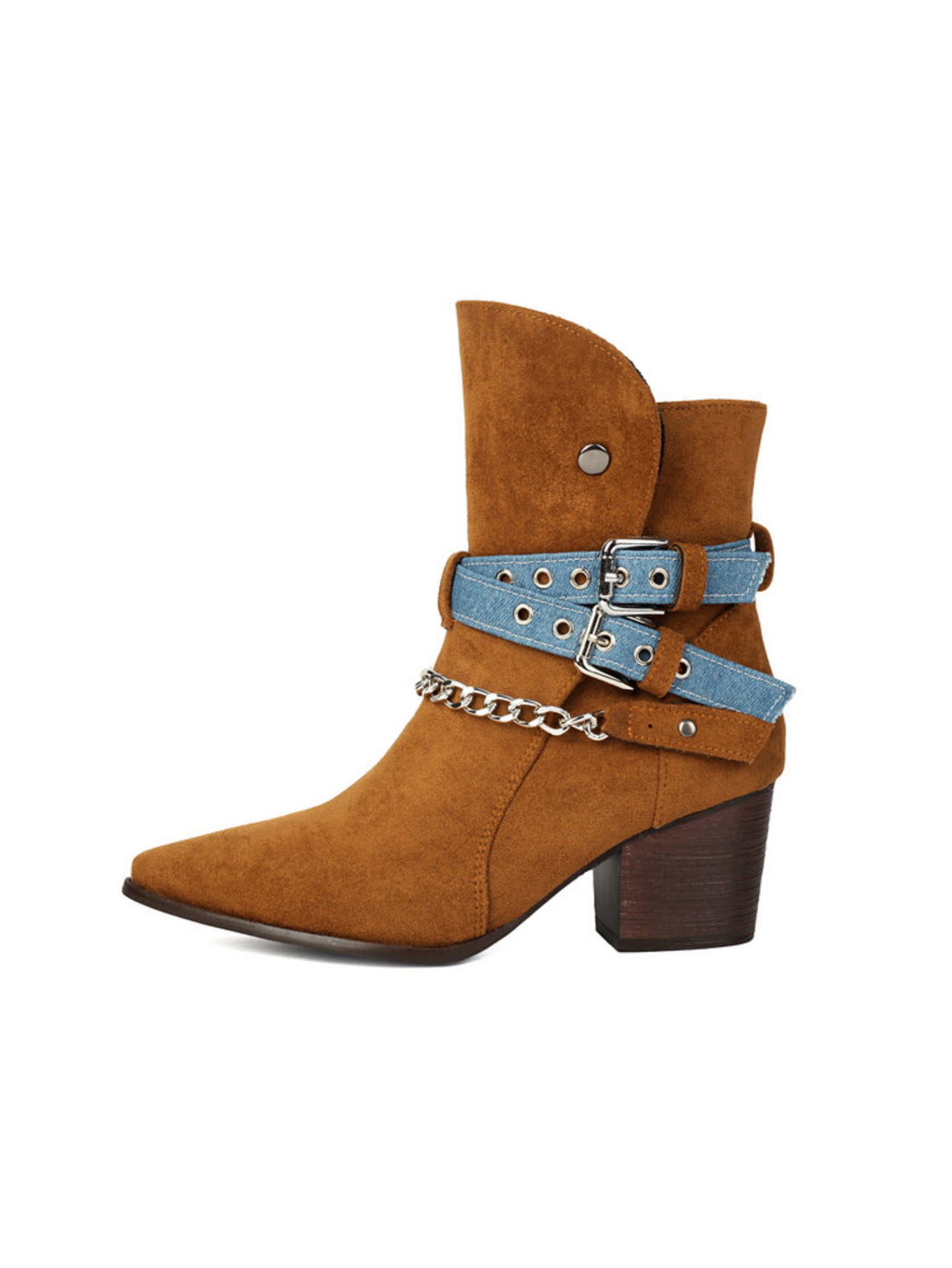 Short Brown Buckled Belt and Chain Women's Western Boots