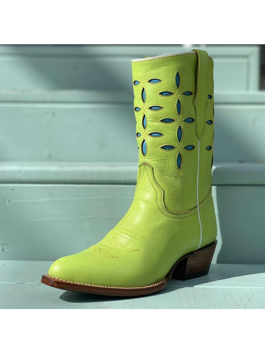 Short Flower Inlay Grass Green Cowboy Boots for Women