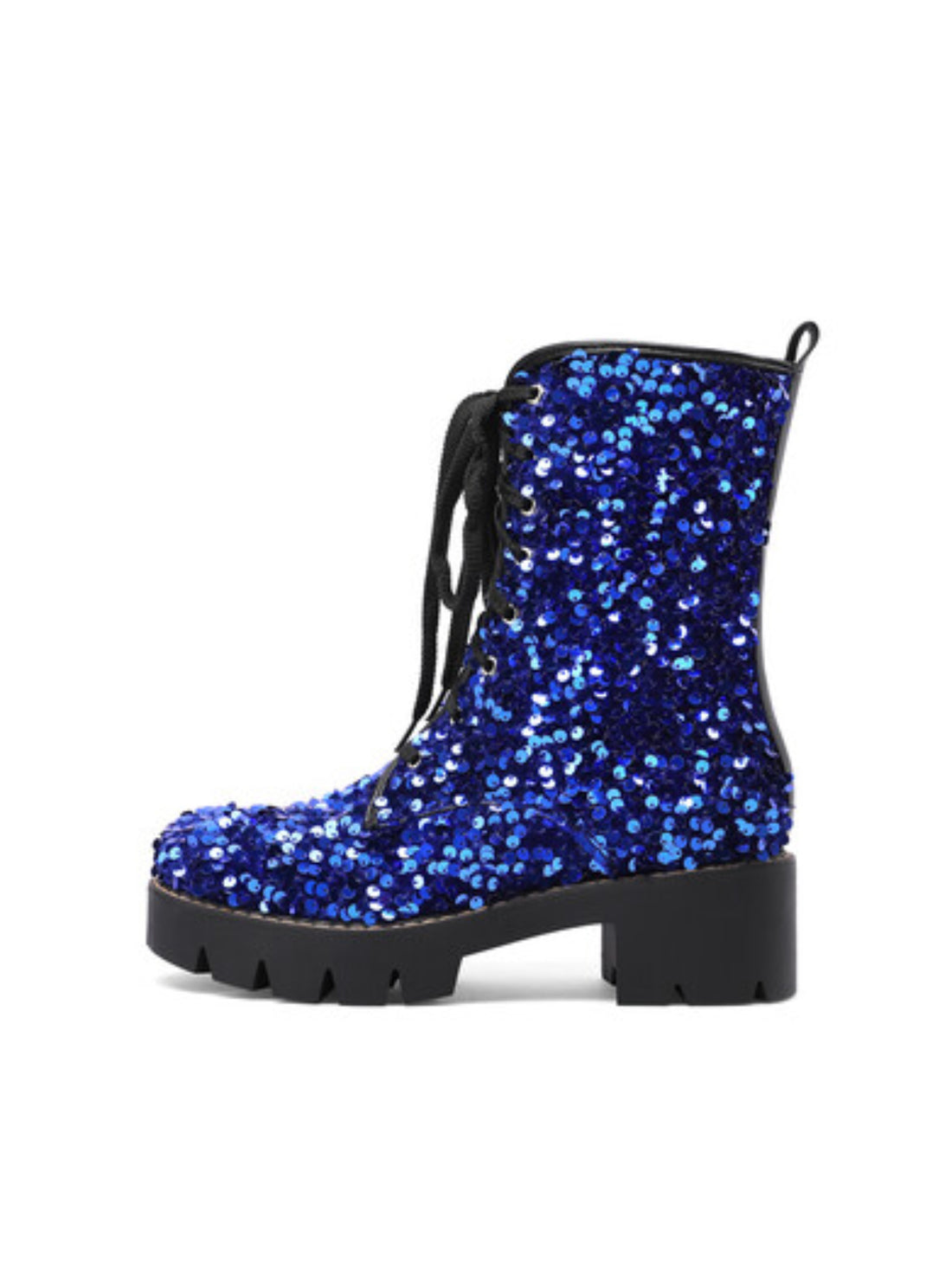 Short Shining Blue Sequin Lace-Up Booties for Women