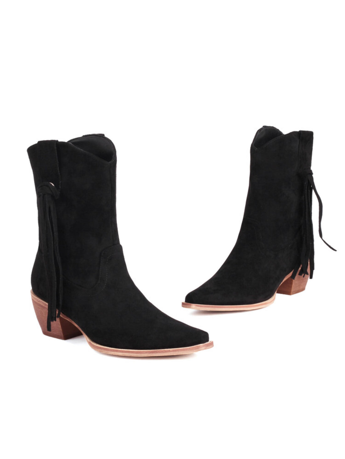 Short Snip Toe Classic Black Cowgirl Boots with Fringe