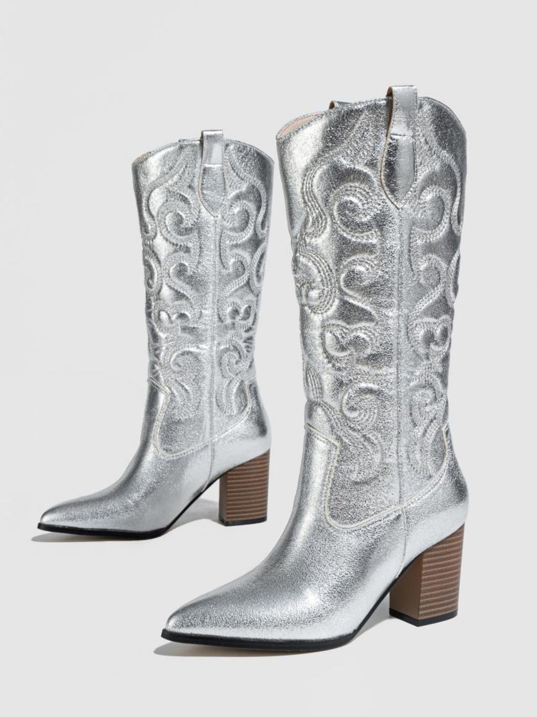 Silver Embroidered Metallic Western Cowboy Boots for Women