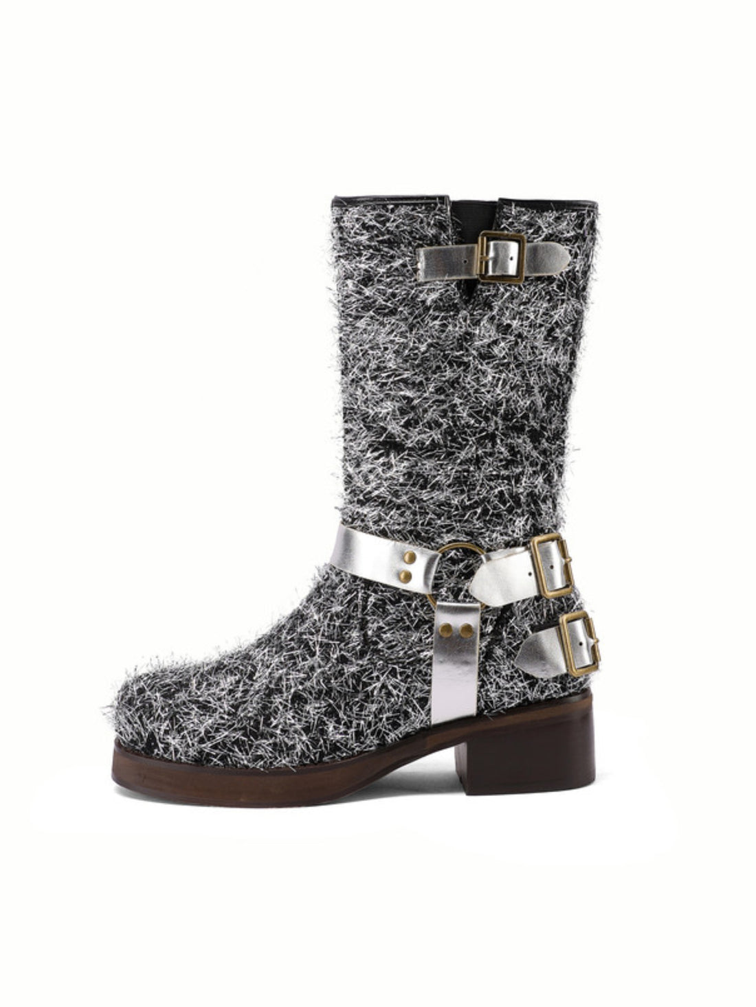 Silver Furry Buckle Strap Western Mid Calf Riding Boots