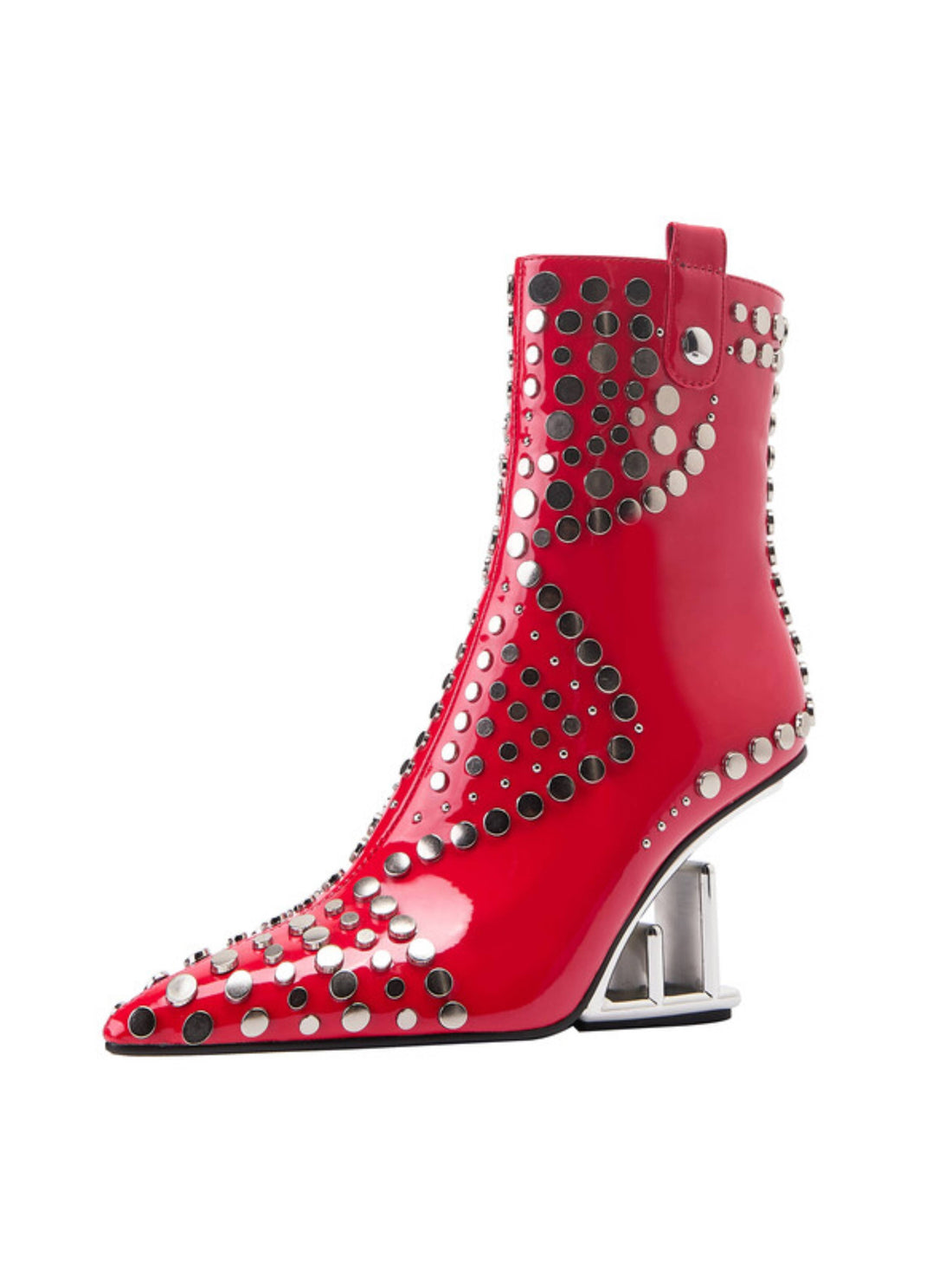 High-Fashion Studded Cherry Red Wedge Ankle Boots Pointed Toe