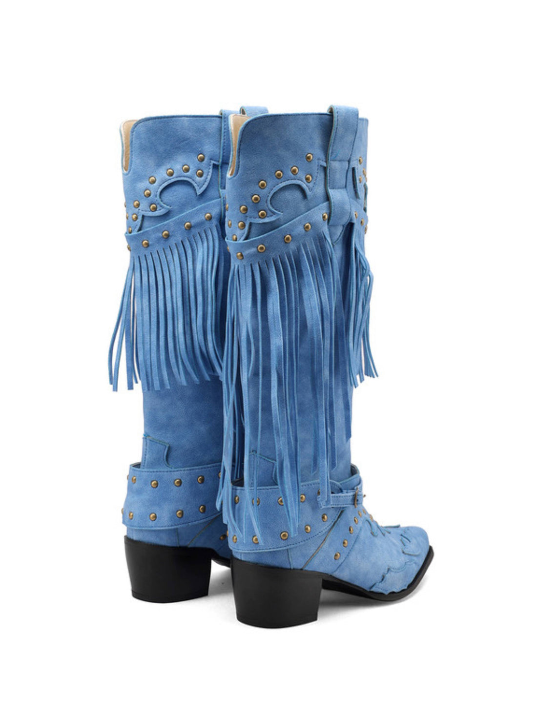 Sky Blue Studded & Fringe Knee-High Cowgirl boots