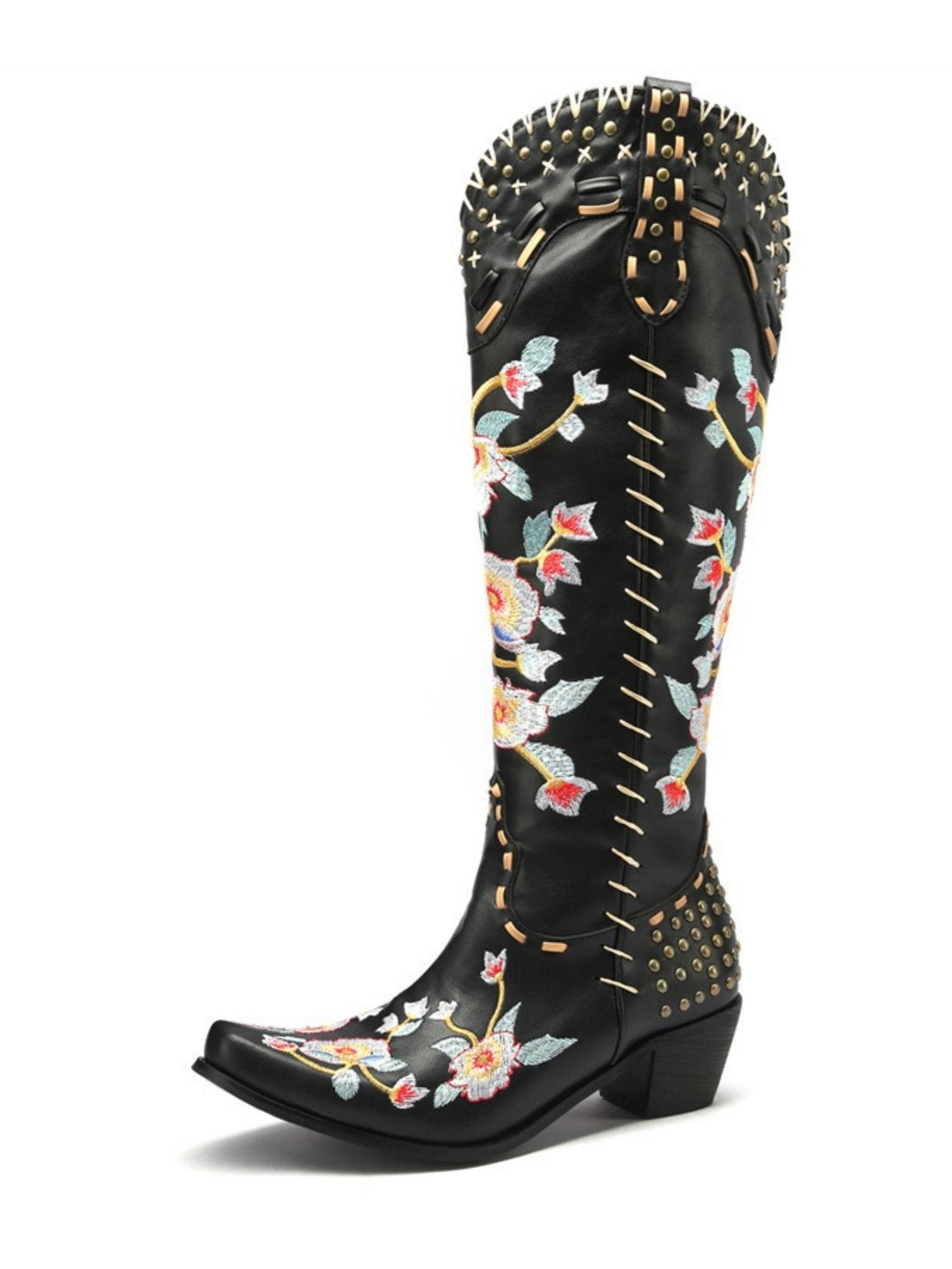 Snip Toe Flower Knee-High Studded Black Cowboy Boots for Women