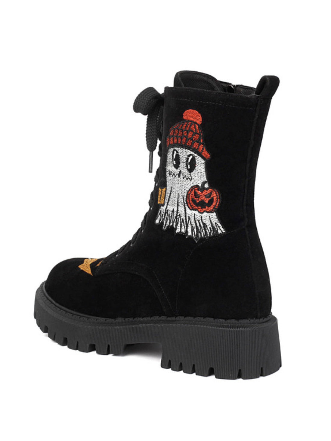 Spooky Pumpkin & Ghost Black Halloween Lace-Up Ankle Boots