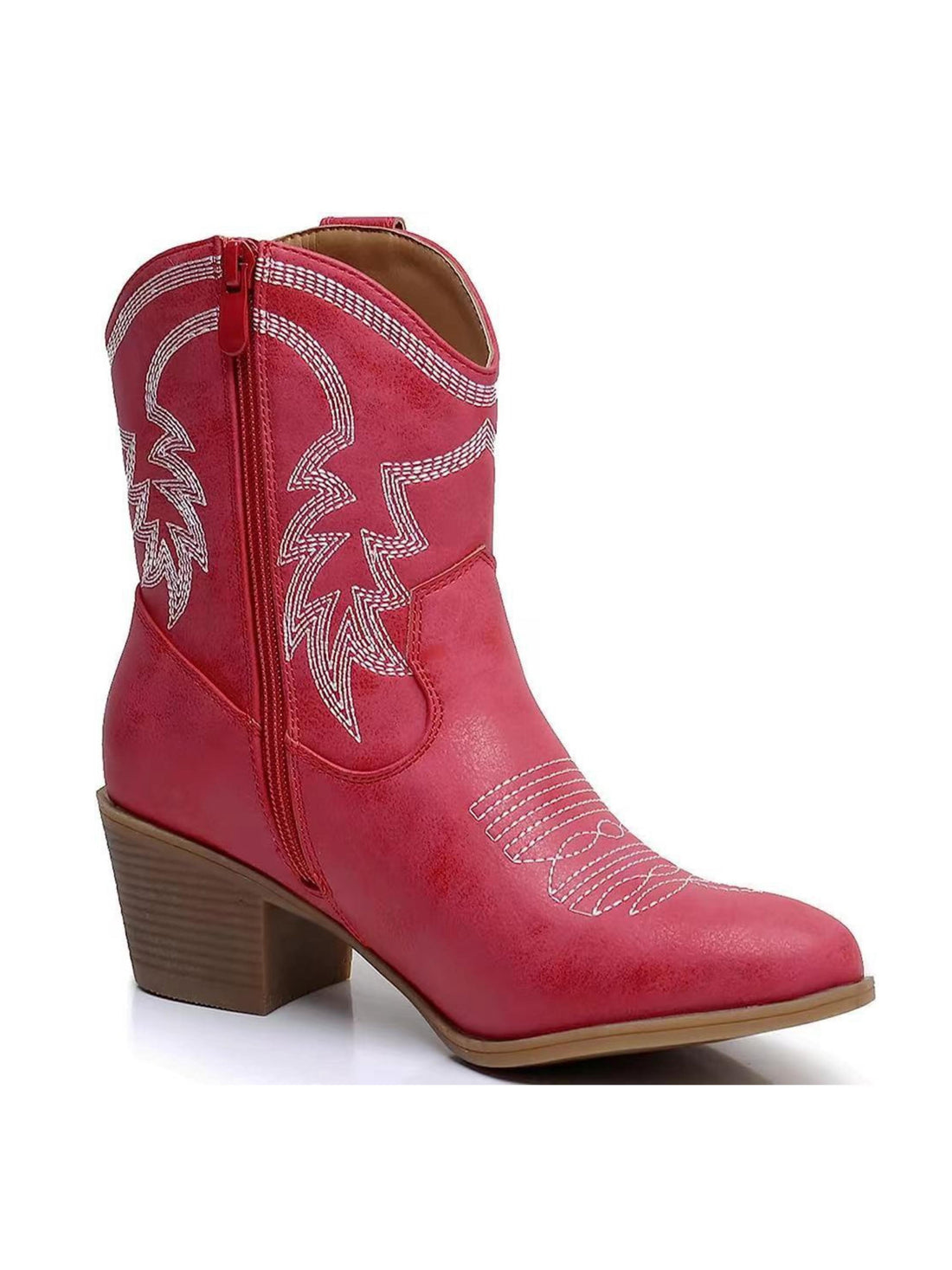 Stack Heel Embroidered Red Ankle Cowgirl Boots Snip Toe