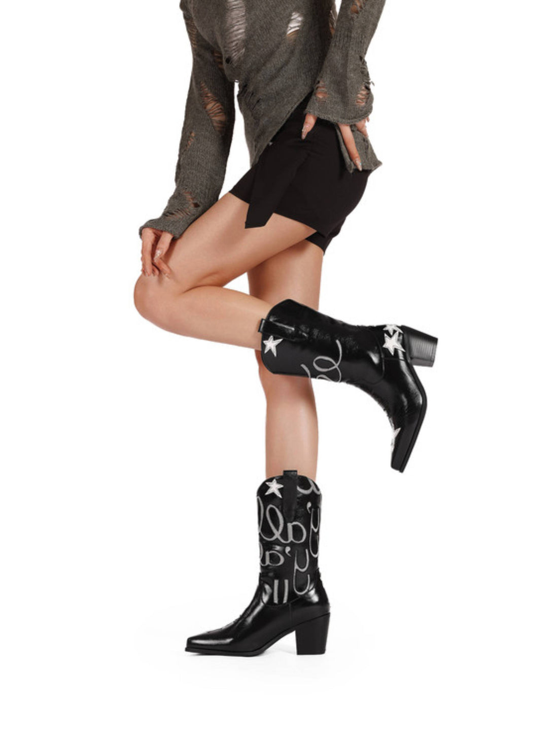 Star Inlay & Note Embroidered Black Cowboy Boots for Women