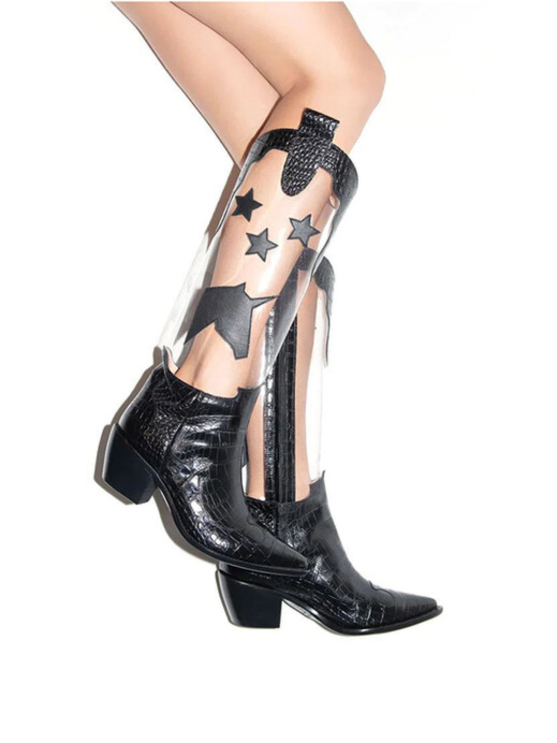 Star Inlay Snip Toe Clear and Black Cowboy Boots for Women