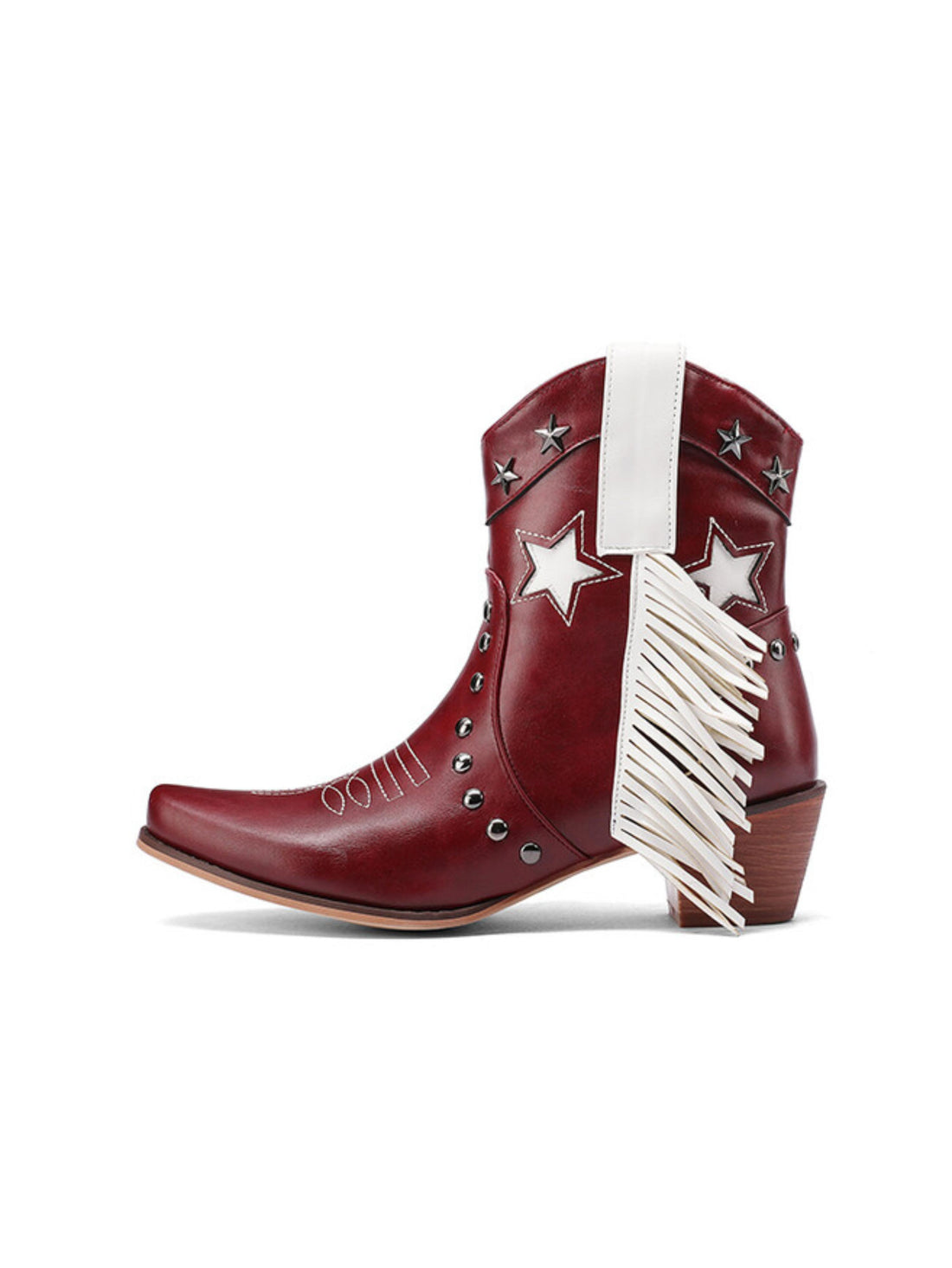 Star Inlay Studded Ankle Snip Toe Red Cowgirl Boots with Fringe