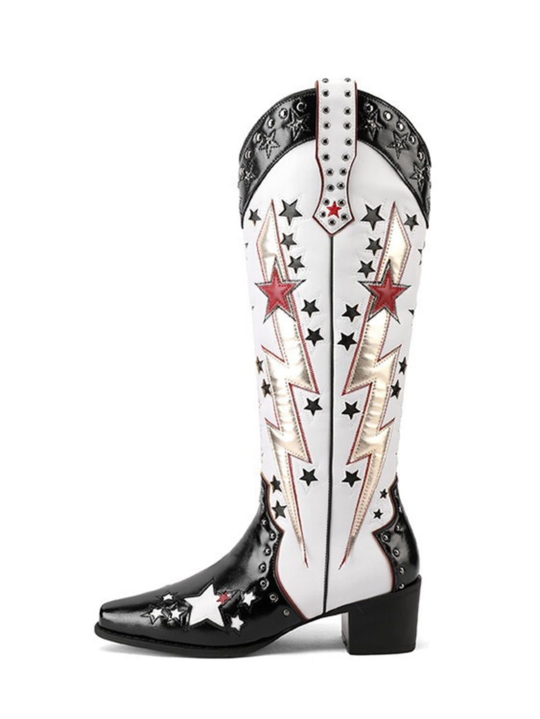 Star Lightning Studded Knee-High Black and White Cowgirl Boots