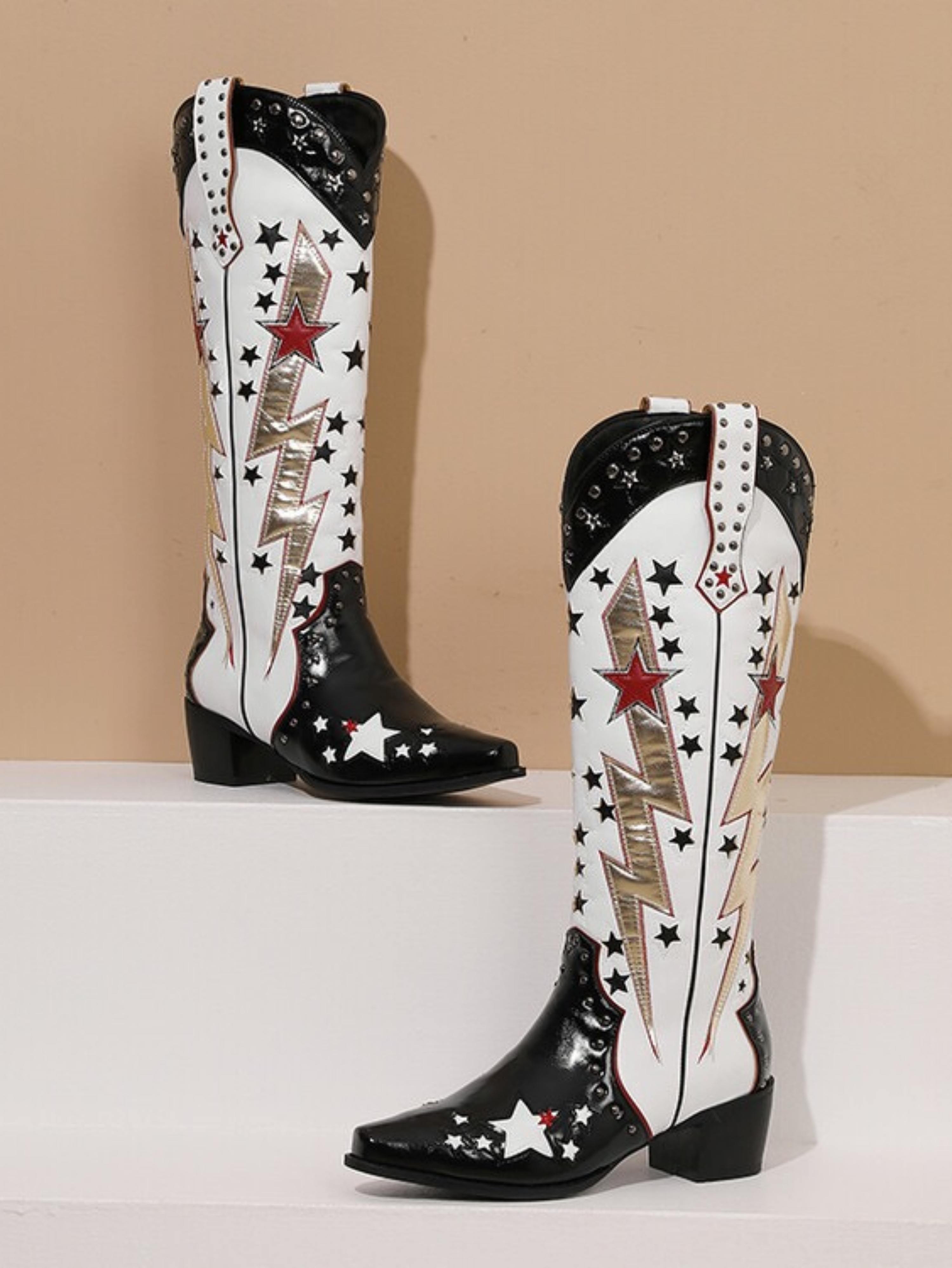 Star Lightning Studded Knee-High Black and White Cowgirl