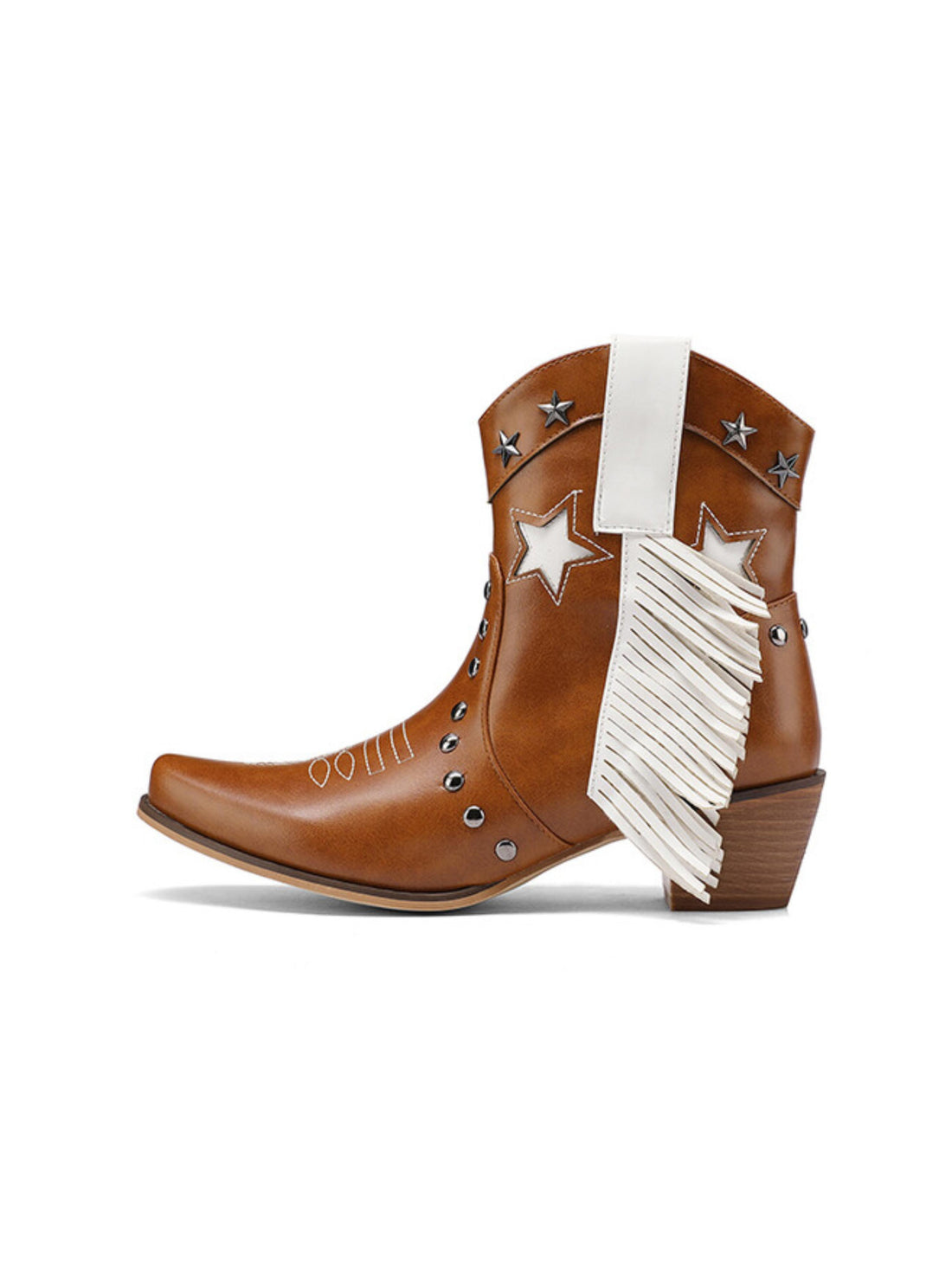 Star Studded Ankle Snip Toe Fringe Brown Cowboy Boots