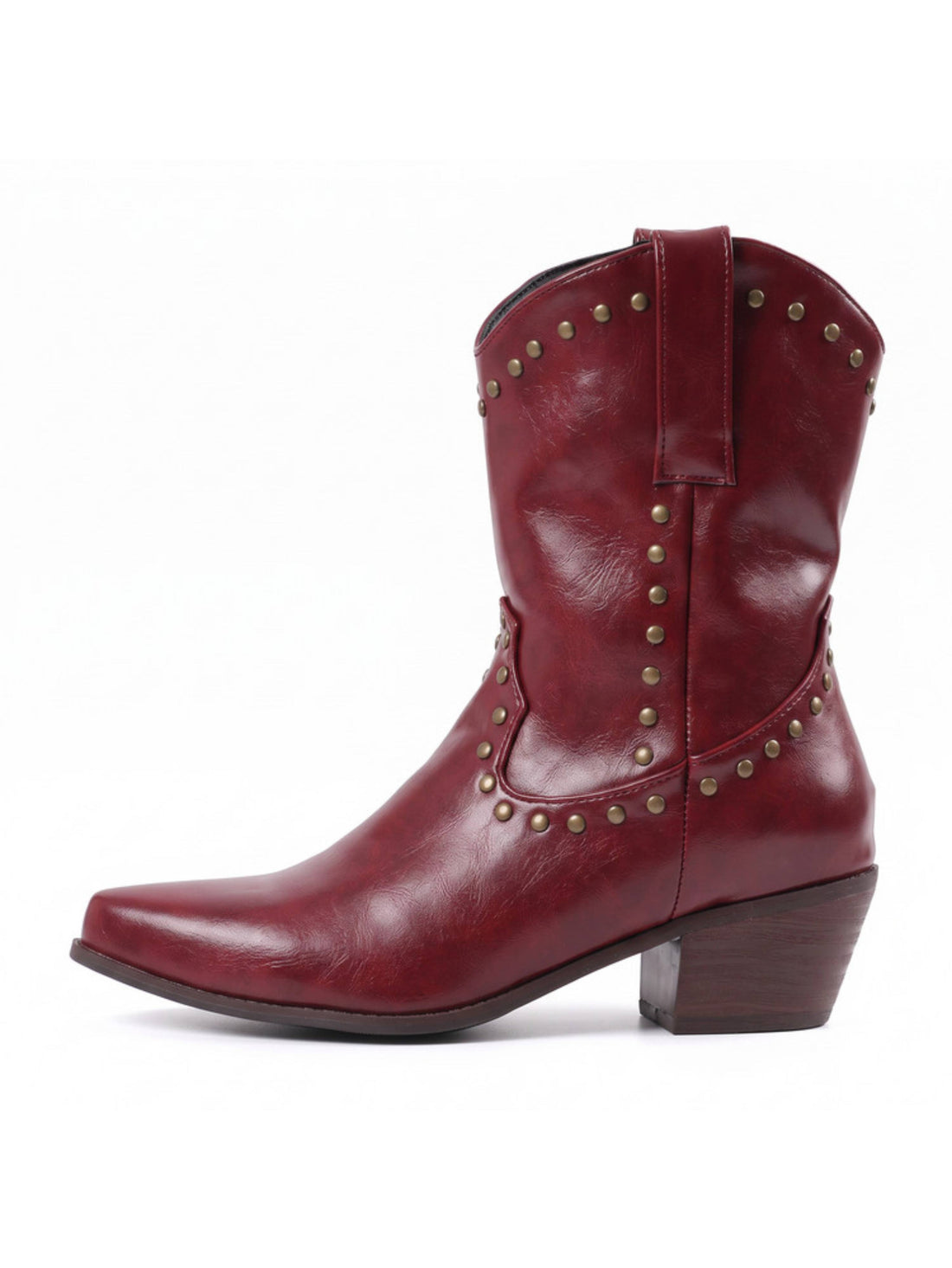 Studded Burgundy Ankle Cowgirl Boots Low Heel