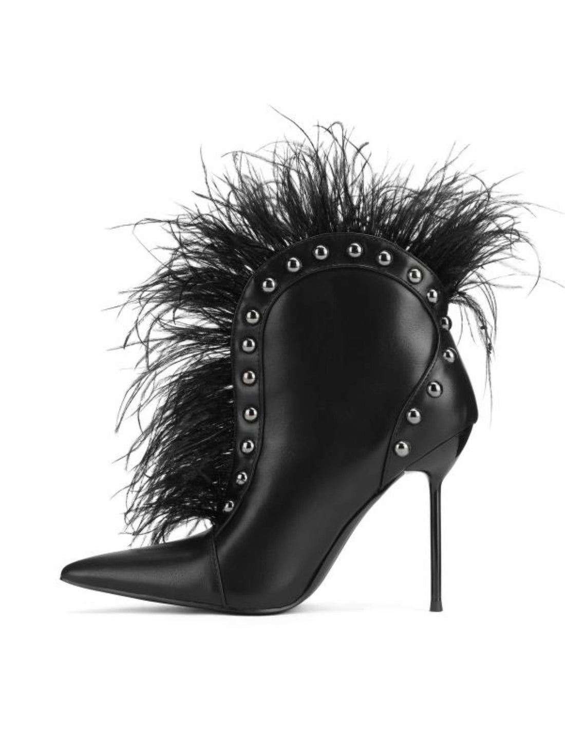Studded & Feather Western Ankle Boots Dramatic Black Party Heels