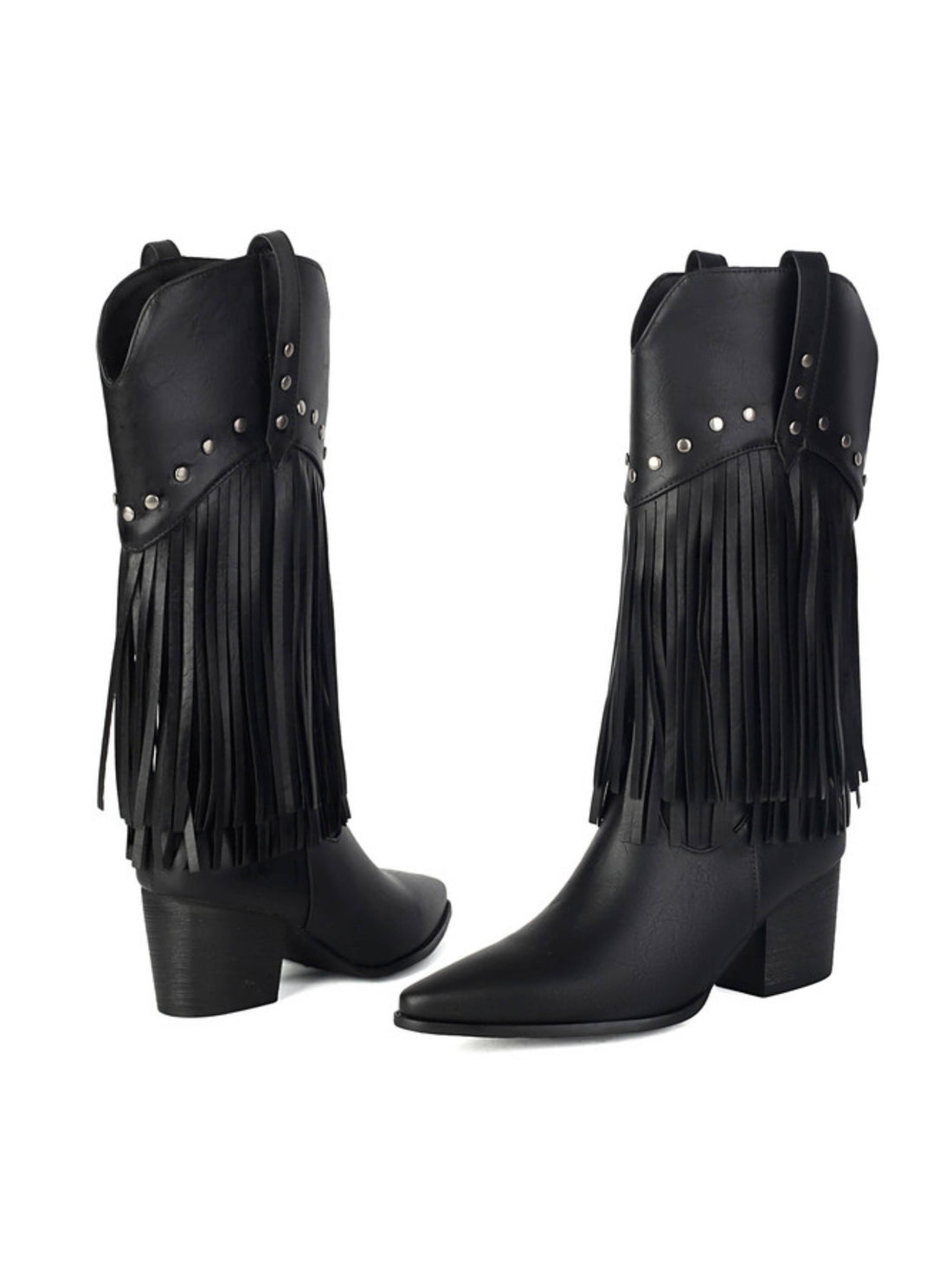 Modern Studded Fluid Black Fringe Cowboy Boots Pointed Toe