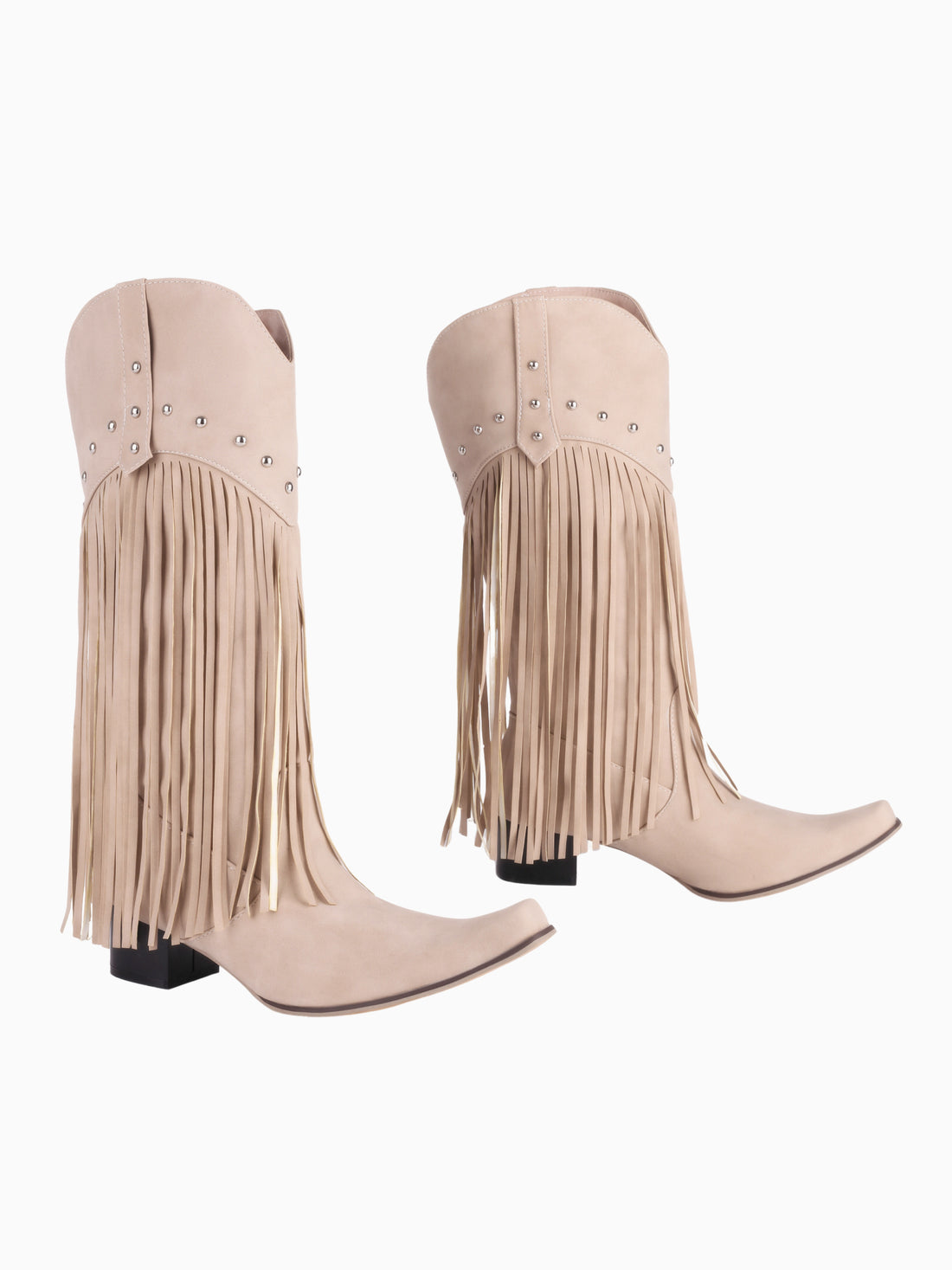 Studded Fringe Beige Cowgirl Boots