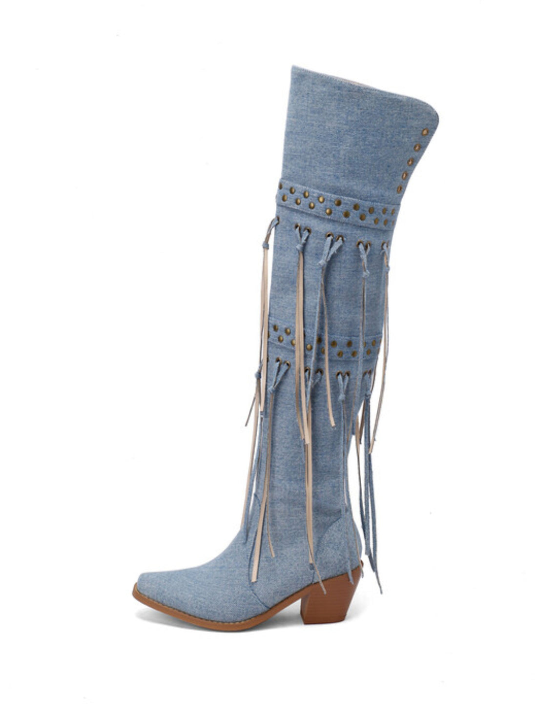 Studded & Fringe Light Blue Thigh High Cowgirl Boots