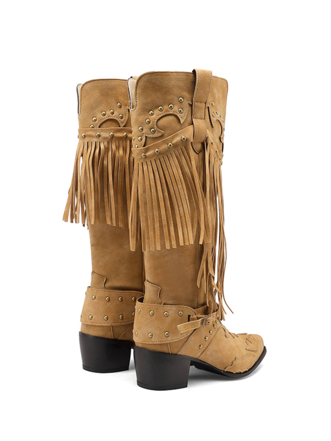 Studded Long Cascading Fringe Buckle Strap Tan Cowgirl Boots