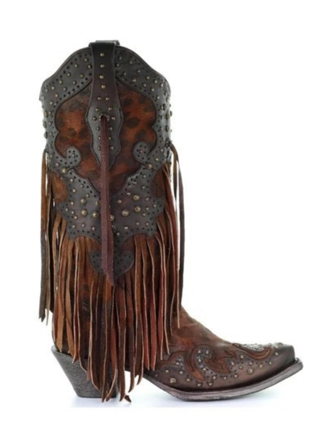 Studded Rustic Dark Brown Distressed Cowgirl Boots with Ruffles