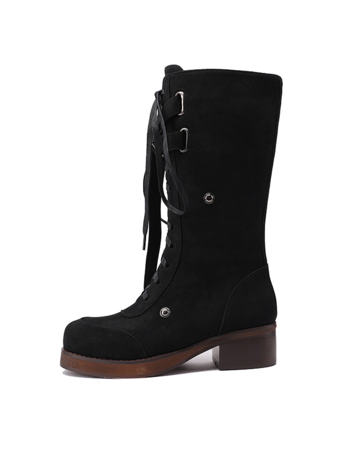 Stylish Chunky Heel Mid Calf Lace-Up Black Western Boots