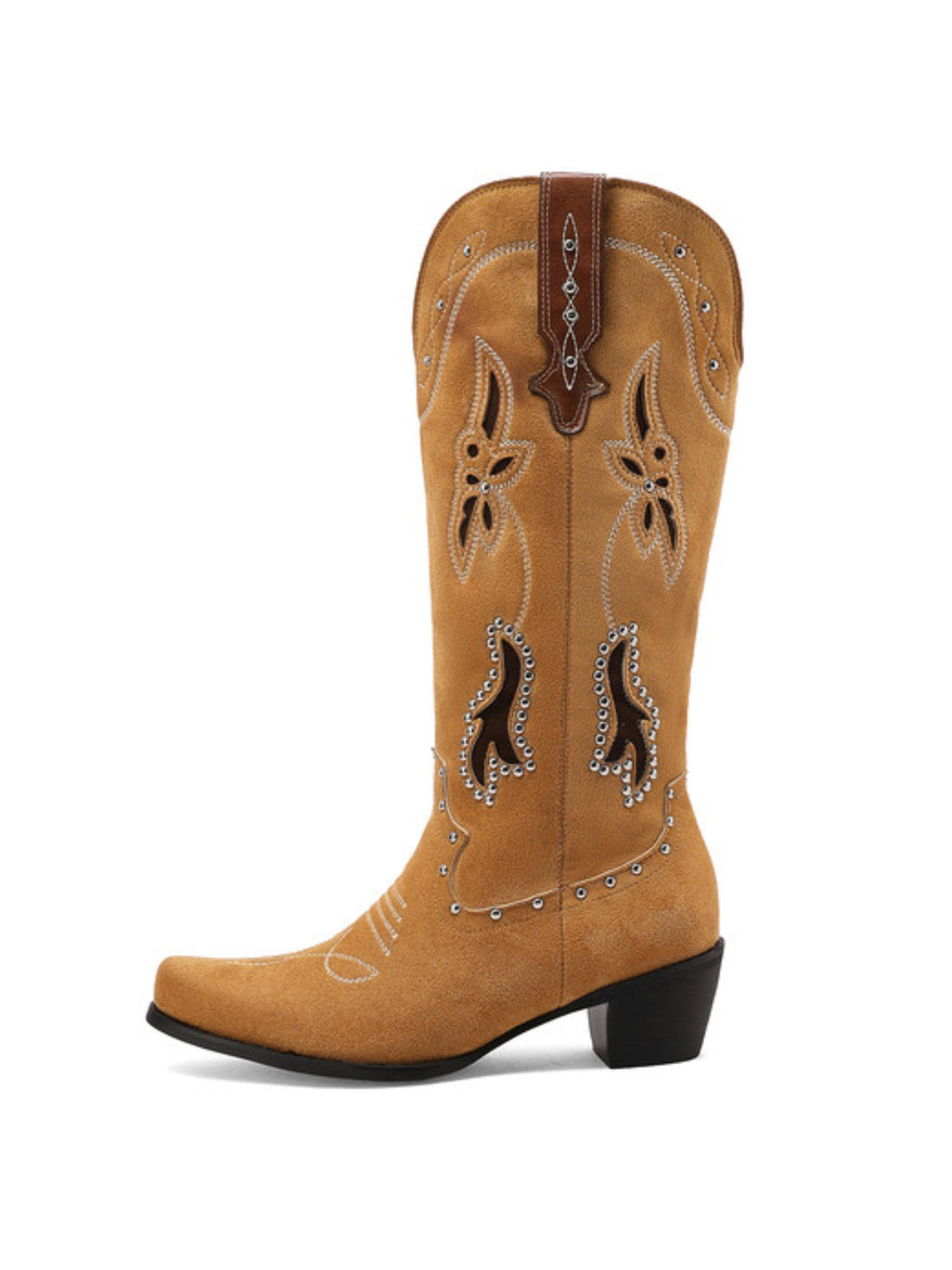 Stylish Brown Long Studded Tall Snip Toe Western Boots for Women