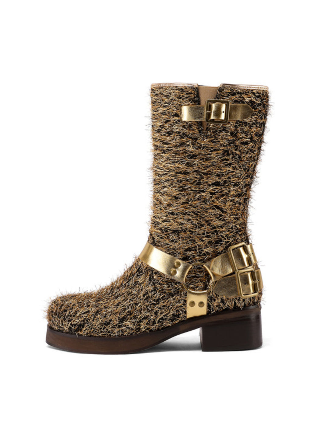 Stylish Furry Gold Western Buckle Strap Riding Boots