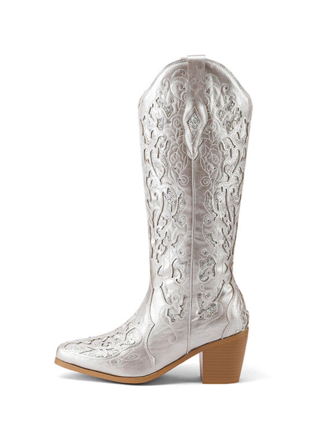 Stylish Glitter Metallic Silver Tall Cowgirl Boots Snip Toe